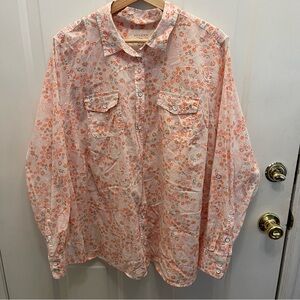 Sonoma Floral Pink Button Up Top Pockets Roll‎ Up Long Sleeve Womens 2X Western